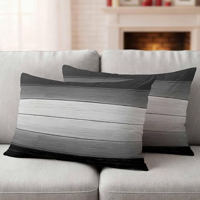 Black Gray Outdoor Pillow Covers 20x12 Inch Lumbar Pillow Covers Set of 2 Waterproof Decorative Throw Pillow Cases Farmhouse Vintage Gradient Wooden Plank Cushion Covers for Patio Furniture Garden