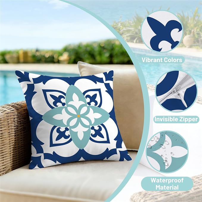 NIGHTWISH Outdoor Waterproof Pillow Covers 20x20 Set of 4 Teal Boho Decorative Outdoor Throw Pillows Floral Cushion Cases for Patio Furniture Bench Couch Sunbrella