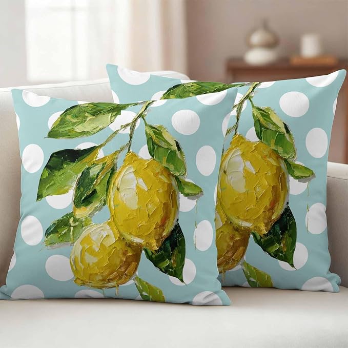 Waterproof Pillow Covers Set of 2,Summer Lemon Leaf Country Fruit Outdoor Pillow Protectors with Zipper Pillowcases for Patio Tent Garden Beach 18x18 Inches Polka Dot Light Blue