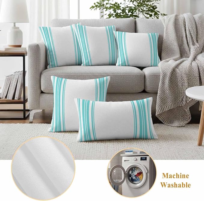 Outdoor Waterproof Throw Pillow Covers Set of 2 Turquoise Stripes Pillowcases 24x24 Inches White Vertical Striped Decorative Pillows Cushion Case Patio Pillows for Couch Bed Chair Garden