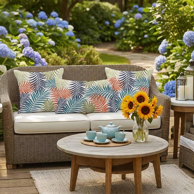 Green Blue Palm Leaves Outdoor Pillow Covers 20"x12" Set of 2, Summer Botanical Vintage Tropical Leaf Rustic Waterproof Throw Pillow Covers for Patio Furniture, Decorative Cushion Covers for Porch