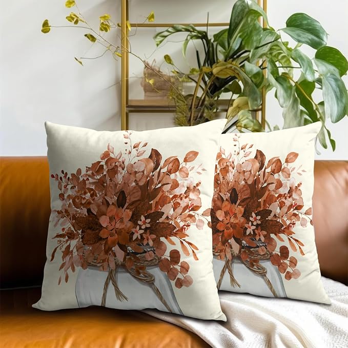 Fall Eucalyptus Throw Pillow Cover 18x18 Inch Set of 2, Autumn Leaves Branches Plants Farmhouse Decorative Cushion Pillowcase for Sofa Couch Livingroom Festival Thanksgiving Decor