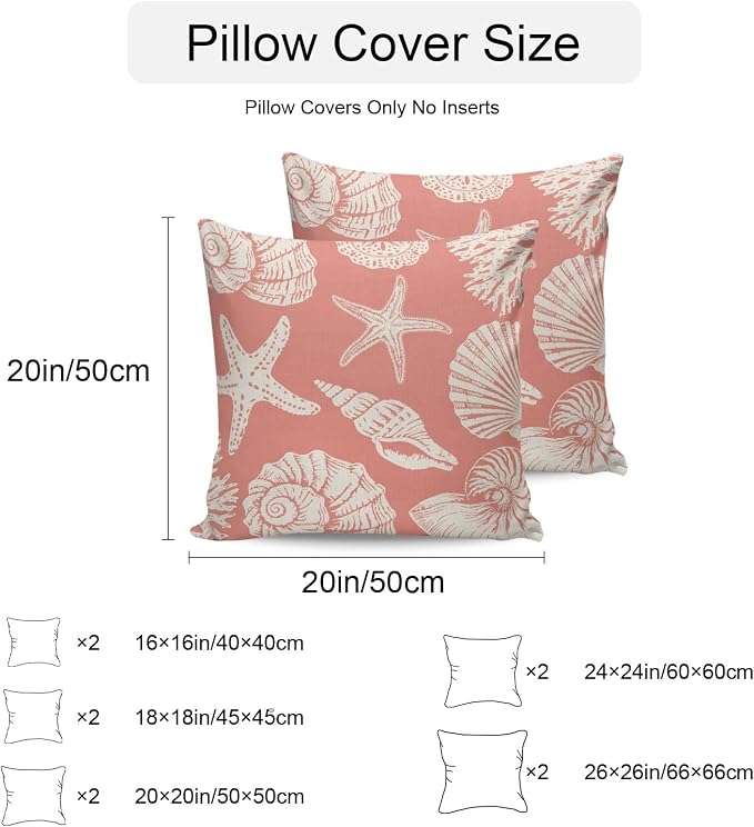 Waterproof Pillow Covers Set of 2 16x16 Inch Ocean Coastal Outdoor Cushion Covers Shells Starfish Conch Coral Red Linen Decorative Pillow Cases for Patio, Sofa, Couch, Garden, Balcony
