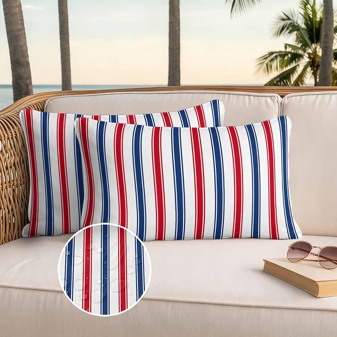 Outdoor Pillow Covers Set of 2, USA Independence Red Blue White Stripe Decor Throw Pillow Covers 20X12IN, President's Flag Day Throw Pillows Protector Cushion Case for Patio,Couch,Sofa,Garden