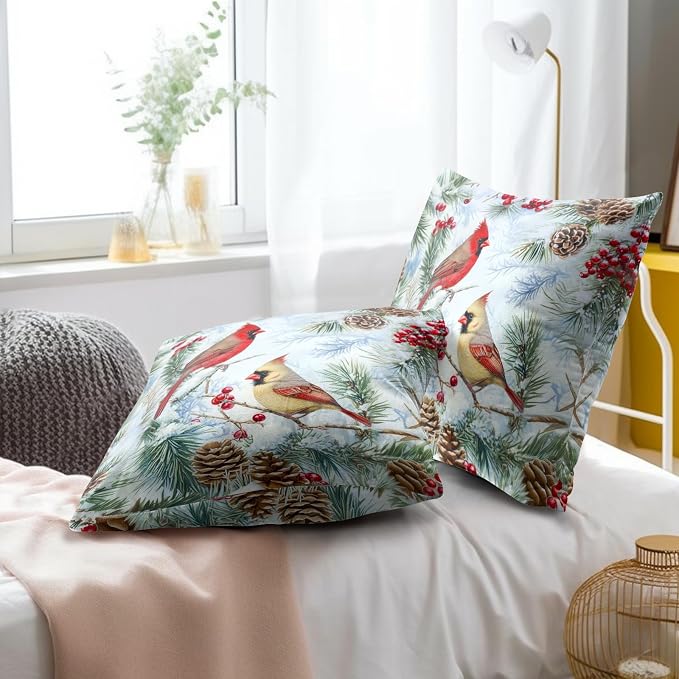 Winter Birds Pillow Covers 22x22 Set of 2, Vintage Red Bird Holly Berry Pine Tree Branch Christmas Throw Pillowcases Square Cushion Cover for Home Couch Living Room Bed Sofa
