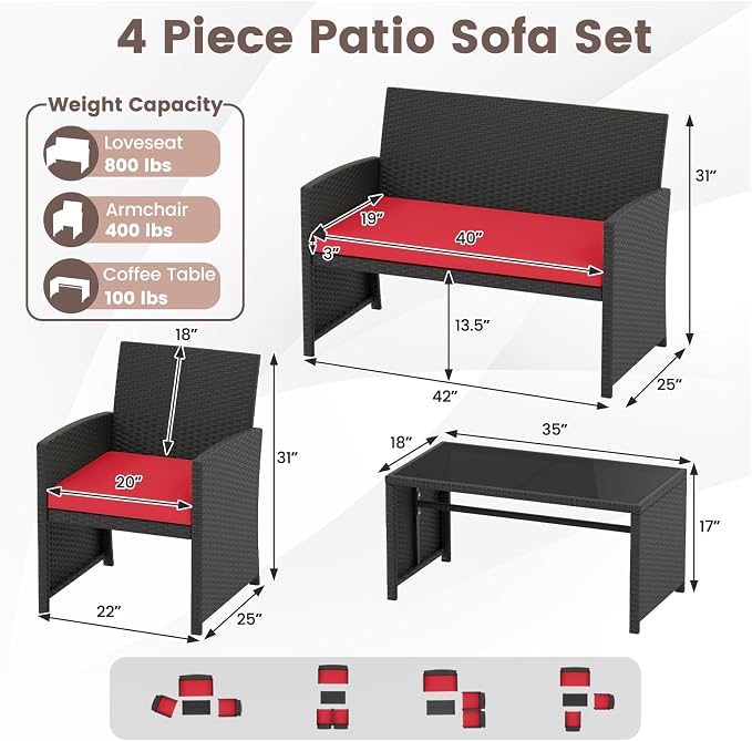 HAPPYGRILL 4 Piece Rattan Wicker Patio Conversation Set, Outdoor Furniture with Chair Loveseat Table & Cushion, for Backyard Porch Balcony (1, Black & Red)