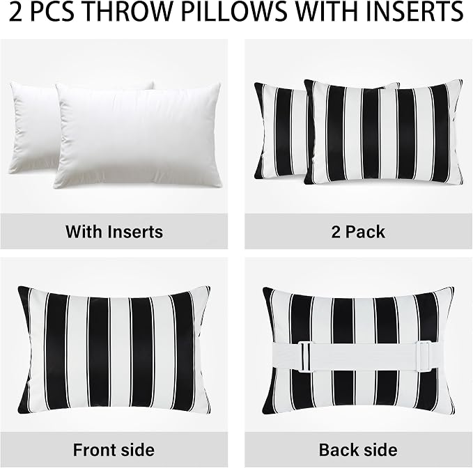 Black Geometric Outdoor Chaise Lounge Head Pillow 11"x16" Set of 2 | Waterproof Lumbar Pillows with Insert Adjustable Elastic Strap, Neck Attachment for Recliner Patio Beach Pool