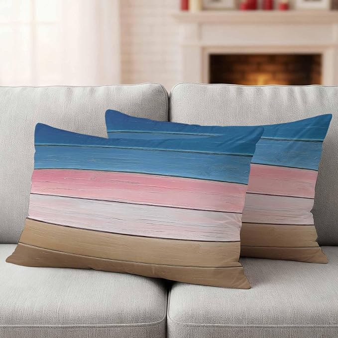 Pink Blue Brown Outdoor Pillow Covers 20x12 Inch Lumbar Pillow Covers Set of 2 Waterproof Decorative Throw Pillow Cases Farmhouse Gradient Wooden Plank Art Cushion Covers for Patio Furniture Garden
