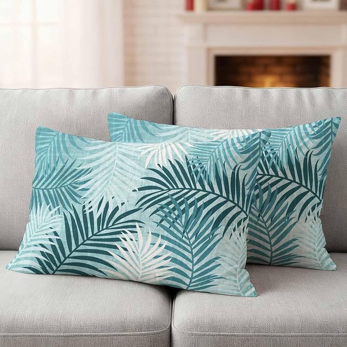 Outdoor Waterproof Throw Pillow Covers, Teal Palm Leaves Decorative Pillow Cases, Summer Botanical Tropical Leaf Couch Pillow Protector Patio Sofa Cushion Covers Replacement 20"x12" 2 Pack