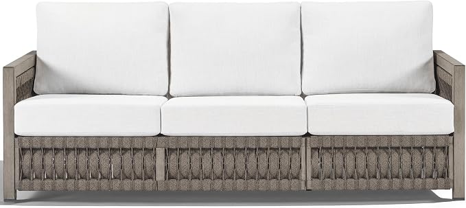 3-Seater Outdoor Sofa, All-Weather Aluminum Patio Sofa with Rope Weave & Widened Armrests, Deep Seating Cushions Patio 3-Seat Sofa for Garden, Deck, Porch, Balcony, Gray Oak