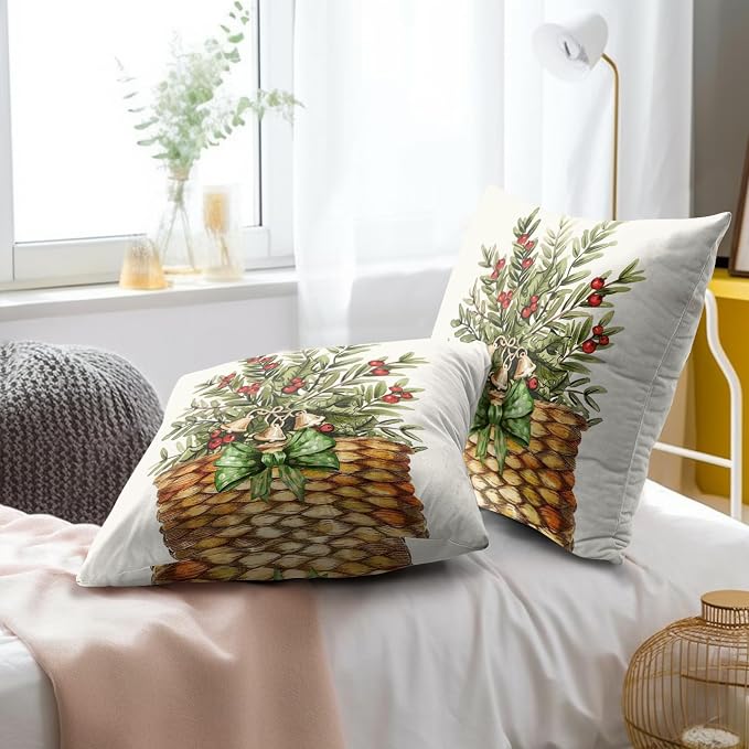 Winter Botanical Throw Pillow Covers 16x16 Inch, Set of 2 Holiday Pine Branches Red Berries in Basket Square Cotton Pillowcases for Couch Sofa Bed Porch Cabin Rustic Home Decor