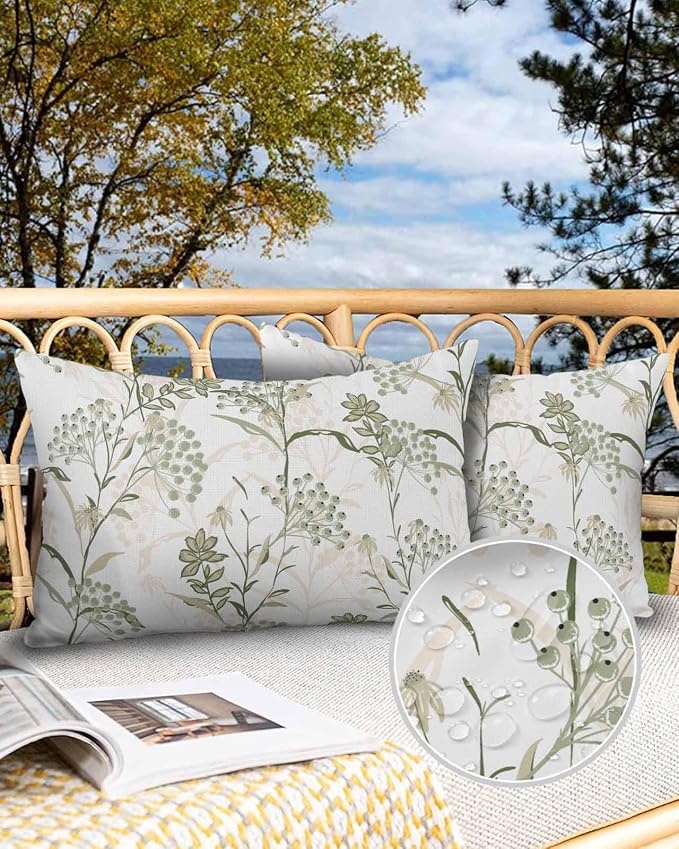 Outdoor Waterproof Throw Pillows Pastoral Sage Green Herbs Plant Patio Pillows Pack of 1,Decorative Pillow Covers with Insert,Pillow Cushion Case for Garden Couch Sofa Botanical Leaf on White