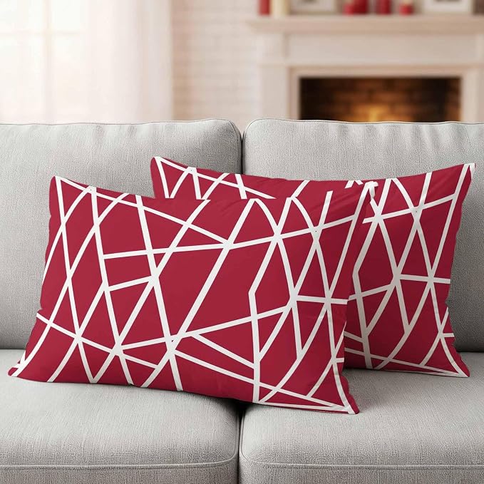 Outdoor Pillow Covers Waterproof, Red Geometric Decorative Rectangle Throw Pillowcases Patio Cushion Covers for Tent/Garden, 20" x 12" 2 Pack, Abstract Stripes Modern Minimalist