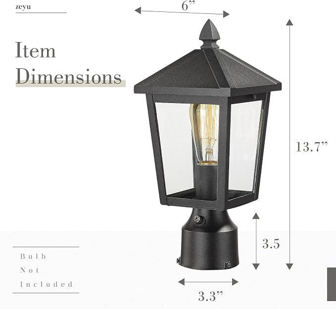 zeyu Dusk to Dawn Outdoor Post Light Fixture, 13.7-Inch Farmhouse Post Lantern Lamp Post for Patio, Clear Glass Shade and Black Finish, 20076PS-PC BK