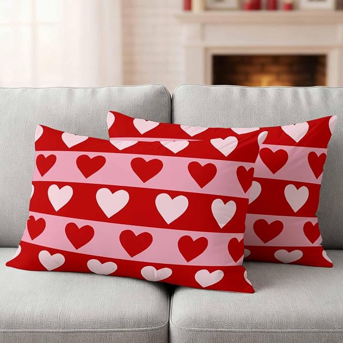 Outdoor Waterproof Throw Pillow Covers, Valentine's Day Decorative Pillow Cases, Romantic Pink Red Love Heart Stripes Couch Pillow Protector Patio Sofa Cushion Covers Replacement 20"x12" 2 Pack