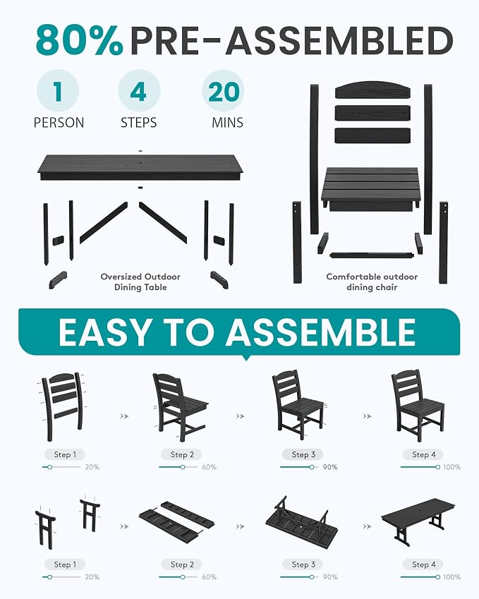 SERWALL Outdoor Armless Dining Chairs Set of 2, All-Weather HDPE Patio Chair with 19.7" Widened Seat, for Backyard, Garden, Black