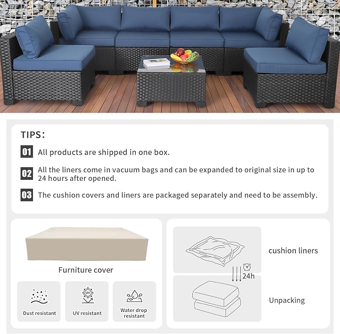 Valita Outdoor Furniture Replacement Cushions, Fits 6-seat Sectional Rattan Conversation Set, 14 Piece Patio Water-Resistant Replacement Sofa Cushions, Liner&Cover (Navy Blue)
