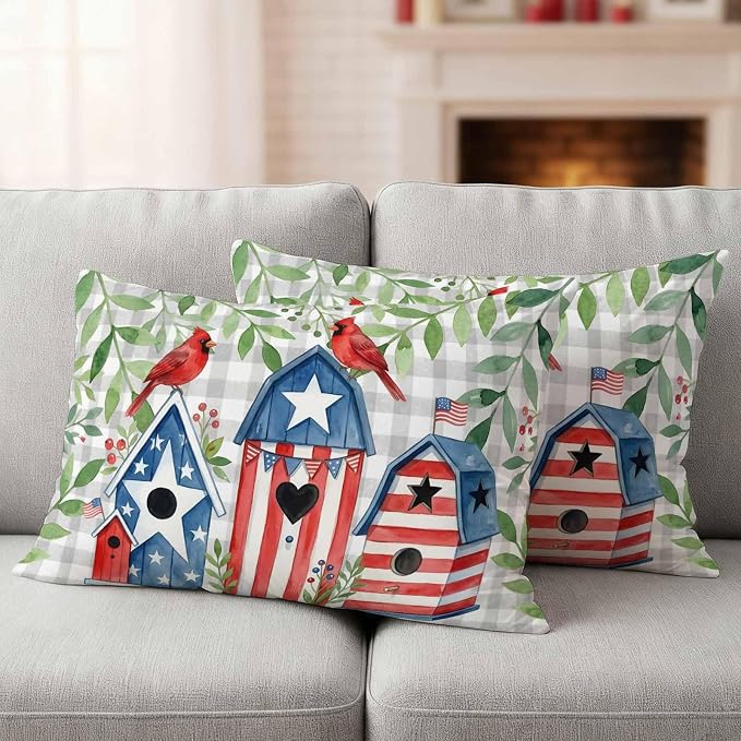 American Flag Bird House Outdoor Pillow Covers Waterproof, All Weather Cushion Case Set of 2, Green Eucalyptus Grey Plaid 250th Lumbar Pillowcase for Sofa Couch Bed Decor Patio Furniture 20"x12"