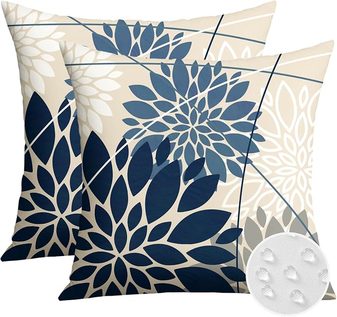 OTOSTAR Outdoor Dark Blue Light Blue Pillow Covers 18x18 Inch Set of 2 White Flower Throw Pillows Farmhouse Geometric Dahlia Floral Square Cushion Case Waterproof Decor for Sofa Patio Funiture Garden