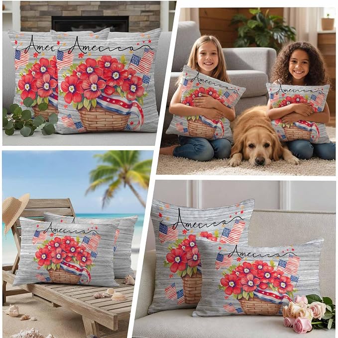 4th of July Floral Waterproof Outdoor Pillow Covers Set of 2 Home Decor, Patriotic Star Stripe Flag Grey Wood Pillowcase Patio Pillow Covers for Couch Bench Furniture Garden 24x24in