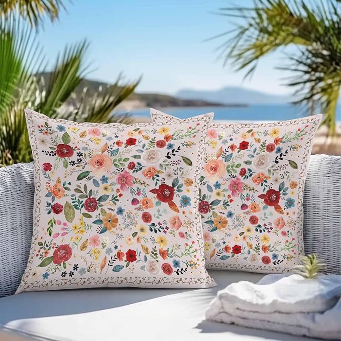 Vandarllin Outdoor Throw Pillows Covers 26x26 inch Set of 2 Waterproof Pink Floral Decorative Zippered Cushion Covers for Patio Furniture, Farmhouse Vintage Flower Lumbar Pillowcases