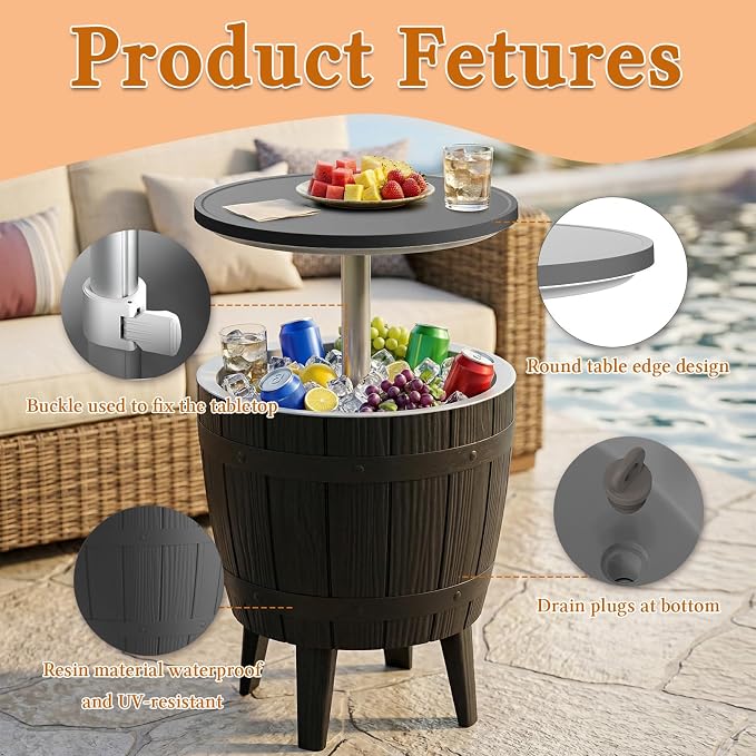 Outdoor Cool Bar Table 9.8 Gallon Portable Cooler Side Table with Legs,Cocktail Coffee Table Sturdy,Waterproof & UV Resistant,Indoor Outdoor Use,Cooler for Camping,Picnic,Beach,Parties(Black)