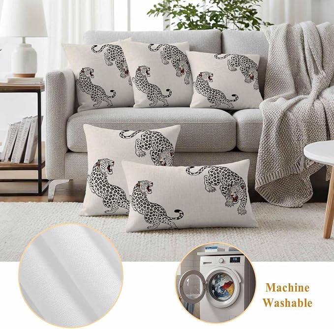 Vandarllin Outdoor Throw Pillows Covers 20x12 inch Set of 2 Waterproof Linen Leopard Decorative Zippered Cushion Covers for Patio Furniture, Bohemian Animal Print Lumbar Pillowcases