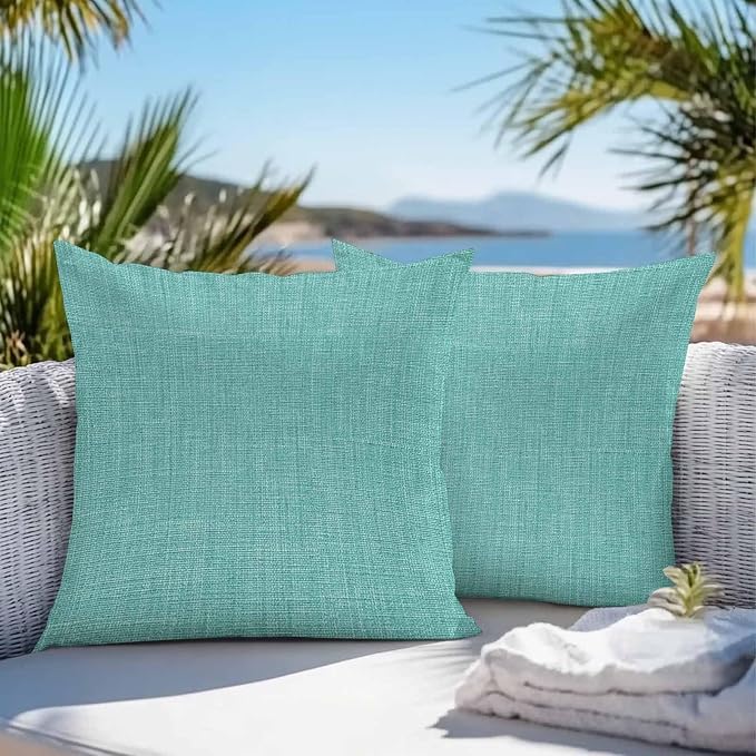 Vandarllin Outdoor Throw Pillows Covers 26x26 inch Set of 2 Waterproof Turquoise Linen Decorative Zippered Cushion Covers for Patio Furniture, Farmhouse Pure Color Lumbar Pillowcases