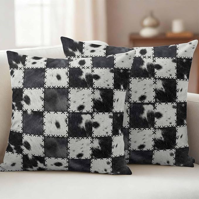 Black White Animal Printed Outdoor Pillow Covers 20x20 Inch Throw Pillow Covers Set of 2 Waterproof Decorative Pillow Cases Farmhouse Fur Texture Plaid Cushion Covers for Patio Furniture Garden Couch