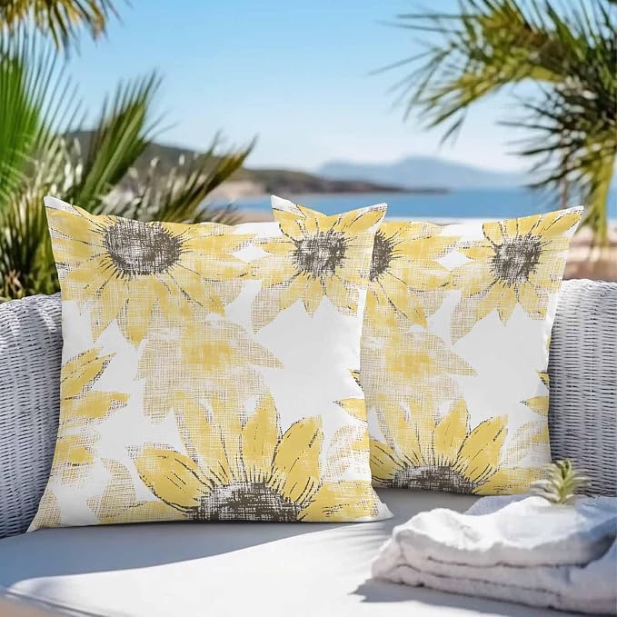 Vandarllin Outdoor Throw Pillows Covers 26x26 inch Set of 2 Waterproof Yellow Sunflower Decorative Zippered Cushion Covers for Patio Furniture, Flower Field Lumbar Pillowcases