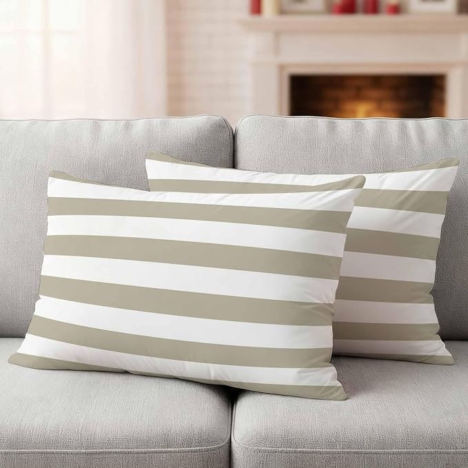 JasmineM Outdoor Pillow Cover 12x20 Inches Set of 2 Tan and White Stripe Waterproof Throw Pillow Covers Taupe Tan Brown Stripes Decorative Pillowcases Garden Cushion Case for Patio Couch Sofa