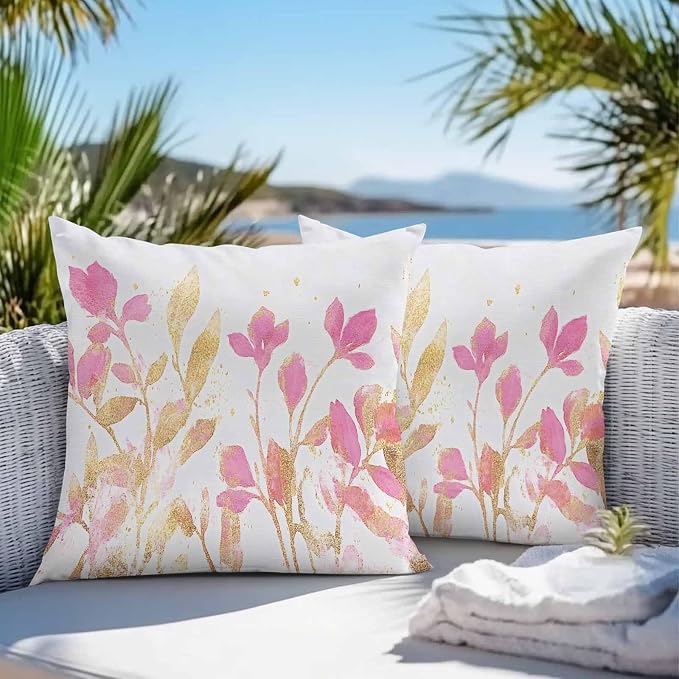 Vandarllin Outdoor Throw Pillows Covers 18x18 inch Set of 2 Waterproof Pink Yellow Flowers Decorative Zippered Cushion Covers for Patio Furniture, Wildflowers Lumbar Pillowcases