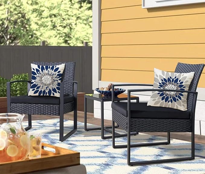Dahlia Flower Outdoor Pillow Covers 18x18 Inch Set of 2 Waterproof Abstract Floral Summer Decorative Throw Pillow Covers for Patio Furniture Porch Couch Home Decor (Navy Blue Grey)
