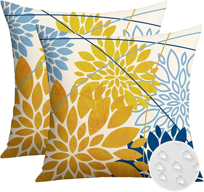 OTOSTAR Outdoor Yellow Light Blue Pillow Covers 16x16 Inch Set of 2 Dark Blue Flower Throw Pillows Farmhouse Geometric Dahlia Floral Square Cushion Case Waterproof Decor for Sofa Patio Funiture Garden
