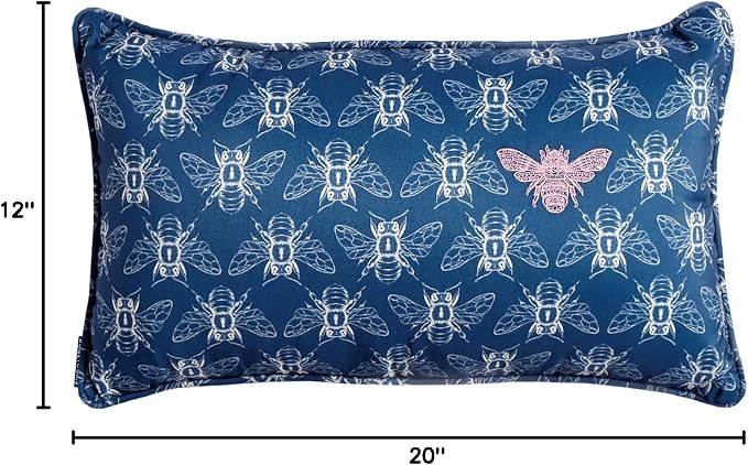 Honeycomb Indoor/Outdoor Lumbar Pillow for Patio Furniture, 20 x 12 | Nocturnal Blue Embroidered Bumble Bee Throw Pillow, Water & Fade Resistant for Patio Furniture Set