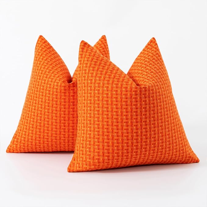 Kevin Textile Outdoor Waterproof 16"x16" Pillow Covers 2 Pack, Orange | Water Resistant Weaving Faux Linen Texture Throw Pillow Covers, Outside Decorative Pillowcases for Garden Patio Balcony Couch