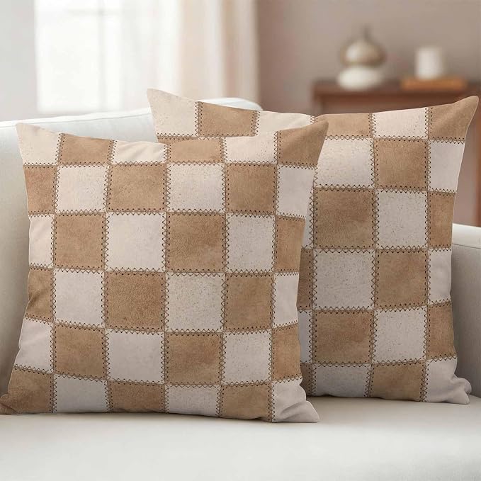 Brown Beige Checkered Outdoor Pillow Covers 16x16 Inch Throw Pillow Covers Set of 2 Waterproof Decorative Pillow Cases Modern Farmhouse Plaid Burlap Cushion Covers for Patio Furniture Garden Couch