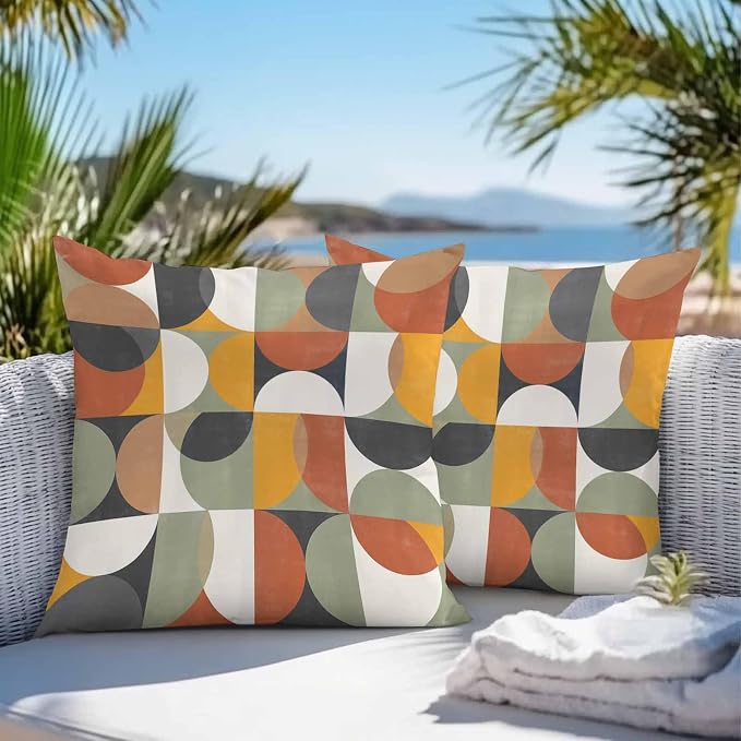 Vandarllin Outdoor Throw Pillows Covers 20x20 inch Set of 2 Waterproof Mid Century Geometric Decorative Zippered Cushion Covers for Patio Furniture, Abstract Modern Retro Lumbar Pillowcases