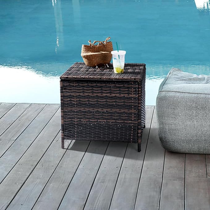VINGLI Outdoor Side Table with Storage, 27-Gallon Patio Deck Box Outdoor Wicker Side Table for Poolside Balcony Storage Table (Brown, Square)