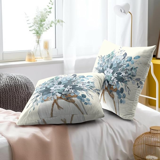 Eucalyptus Throw Pillow Covers 16x16 Set of 2, Winter Mason Jar Blue Leaves Branch Floral Decorative Pillow Cases Farmhouse Cotton Cushion Cover for Couch Sofa Bed Home Decor
