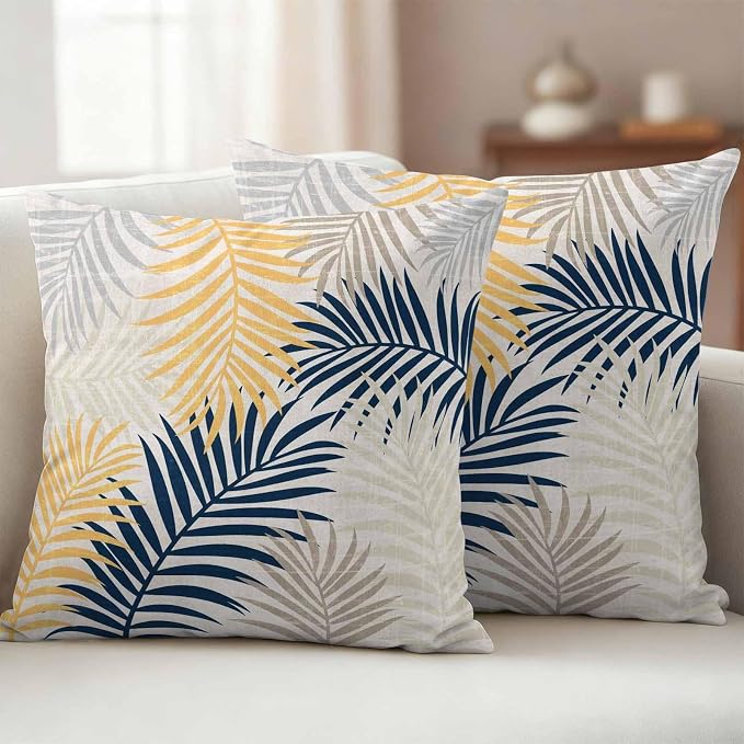 Outdoor Waterproof Throw Pillow Covers, Blue Yellow Palm Leaves Decorative Pillow Cases, Summer Botanical Tropical Leaf Couch Pillow Protector Patio Sofa Cushion Covers Replacement 18"x18" 2 Pack