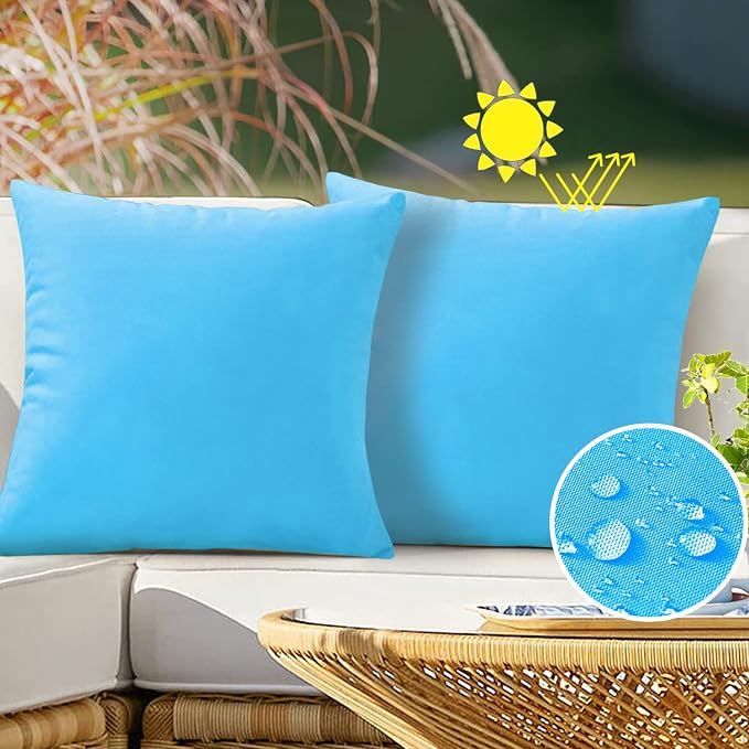 VAKADO Outdoor Waterproof Throw Pillow Covers Decorative UV Outside Patio Furniture Cushion Cases Decor for Garden Bench Porch Couch Tent Pool 18x18 Pack of 2 (Sky Blue)