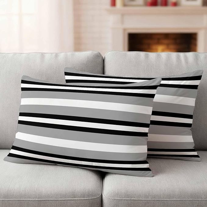 Black Gray Striped Outdoor Pillow Covers 20x12 Inch Lumbar Pillow Covers Set of 2 Waterproof Decorative Throw Pillow Cases Contemporary Minimalist Lines Art Cushion Covers for Patio Furniture Garden