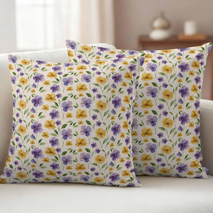 Purple Yellow Flower Outdoor Pillow Covers Set of 2 Spring Green Leaf Watercolor Floral Farm Waterproof Throw Pillow Cover Decorative Cushion Cases for Patio Porch Garden 16X16 Inch