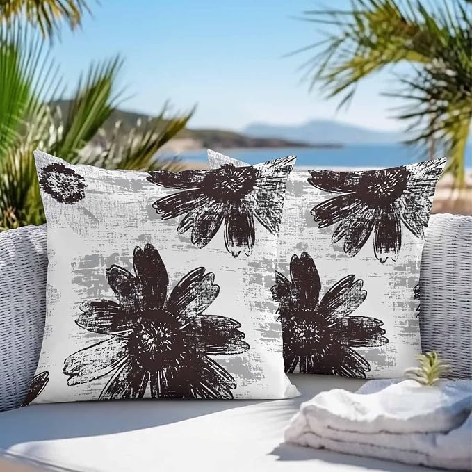 Vandarllin Outdoor Throw Pillows Covers 20x20 inch Set of 2 Waterproof Black Sunflower Decorative Zippered Cushion Covers for Patio Furniture, Floral Field Lumbar Pillowcases