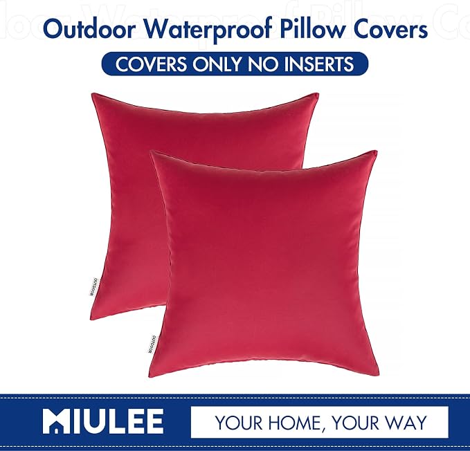 MIULEE Decorative Outdoor Waterproof Pillow Covers 24x24 Red | Decorative Patio Furniture,Pack of 2,Accent Square Euro Soild Throw Pillow Covers,Summer Garden Tent Couch Sofa