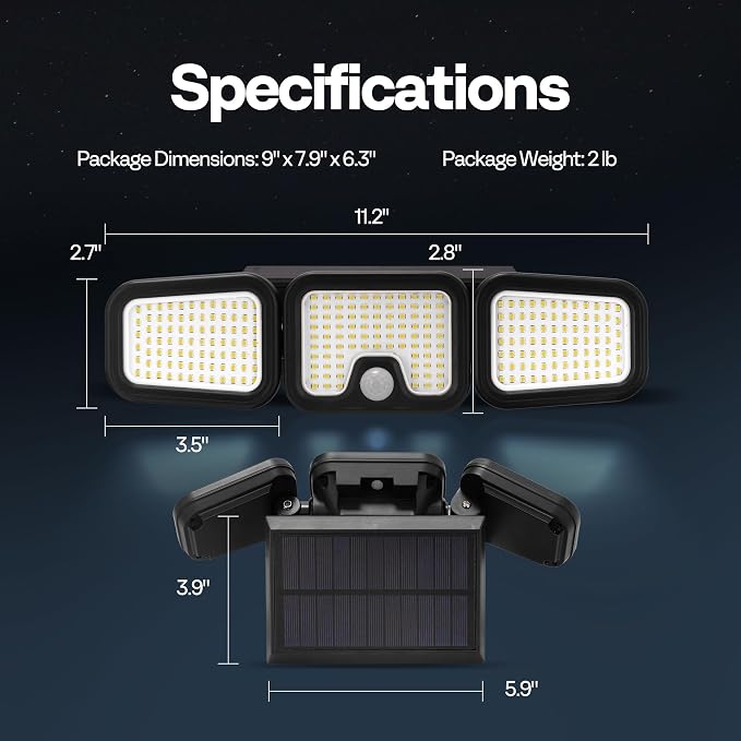 VIVOHOME Solar Flood Lights Outdoor, 256 LED Motion Sensor Lights, 2 Pack | 2500LM, 3 Adjustable Heads Security Lights, IP65 Waterproof, 270° Wide Lighting Angle Solar Powered Lights for Porch, Yard