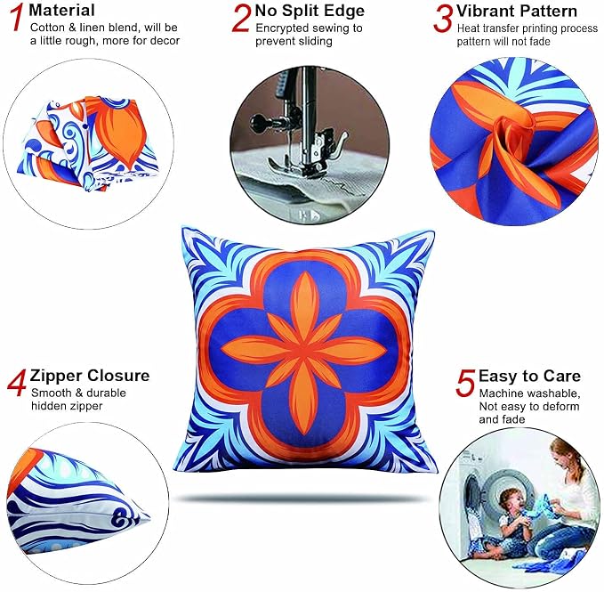 ONWAY Outdoor Pillow Covers Waterproof Set of 4 Floral Boho Decorative Throw Cushion Cover Farmhouse Pillows for Bench, Couch, Sunbrella and Patio Furniture (BlueOrange, 18x18 Inch)