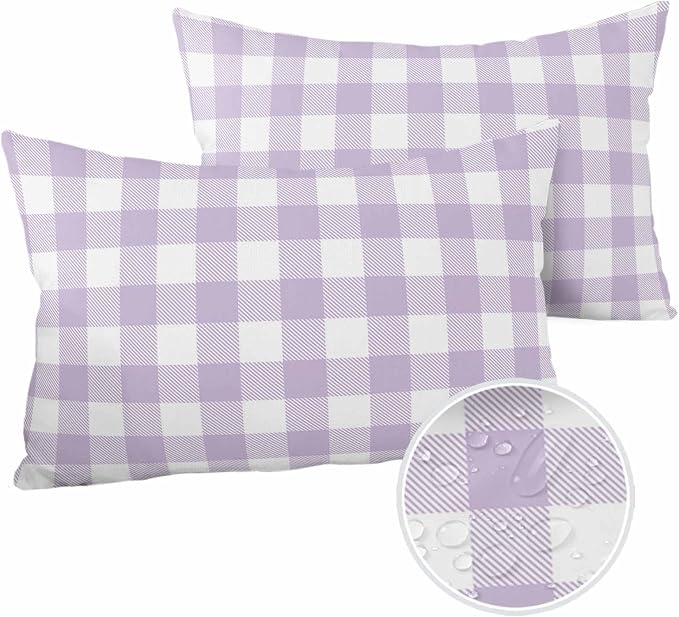 Outdoor Waterproof Throw Pillow Covers Set of 2 Lavender Buffalo Check Plaid Lumbar Pillowcases 20x12 Inches Farmhouse Style Patio Decorative Pillows Cushion Case Patio Pillows for Couch Bed Garden