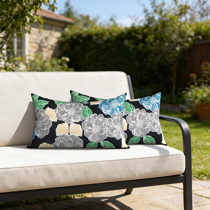 12x20 Inch Lumbae Pillow Covers, Rectangle Waterproof Throw Covers Set of 2, Decorative Patio Furniture Cushion Cases for Porch Garden, Peony Garden